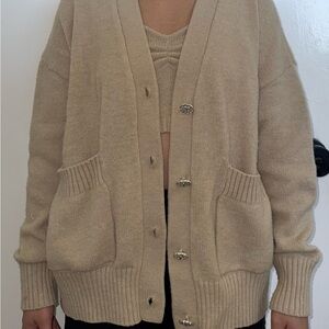 Women's Beige Cardigan Sweater and Crop Top Set